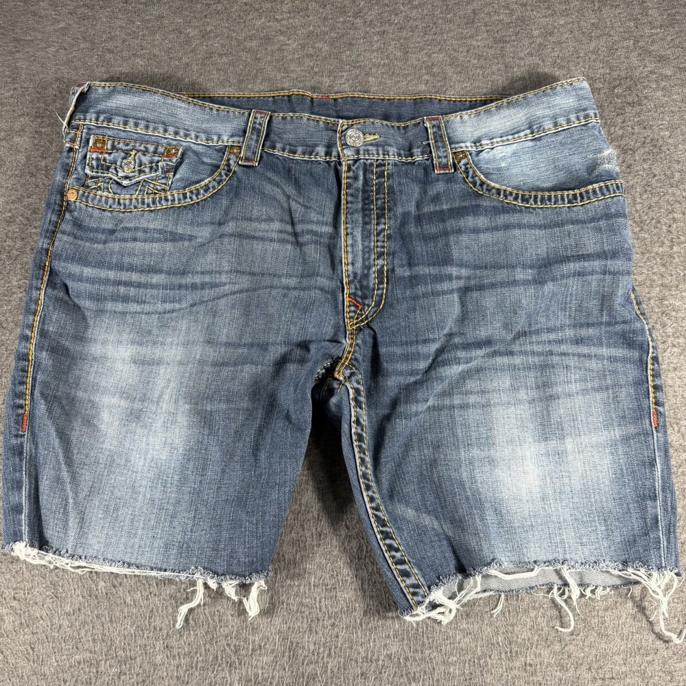 True Religion Cut Off Denim Shorts Mens 44 Blue Straight Raw Hem Flap Pockets